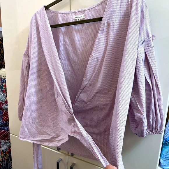 Max studio  ladies top cross over tie striped cotton size S baloon sleeves - Picture 4 of 6